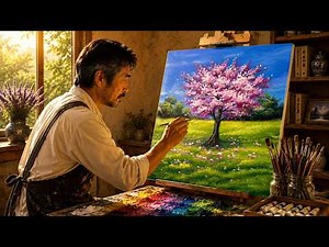 Easy Cherry Blossom Tree Acrylic Painting Tutorial | Beautiful Spring Landscape for Beginners