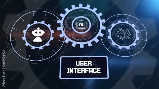 User interface design with artificial intelligence, robotic automation icons and glowing gear mechanisms.