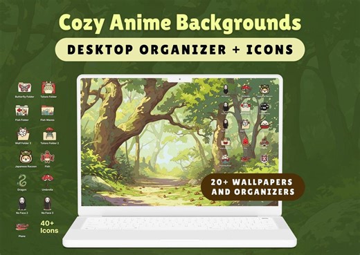 Cozy Anime Desktop Organizer   Icon Pack Studio Ghibli Inspired Wallpapers | 20  Aesthetic Backgrounds & 40  Cute Icons for PC and Mac - Etsy