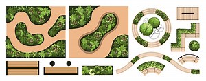 Top view elements for the landscape design plan. Trees and benches...