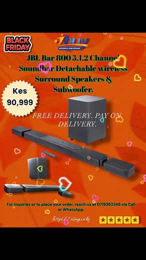 The JBL Bar 800, now KES 90,999, delivers jaw-dropping Dolby Atmos and next-level clarity. Available at iBuy with free delivery countywide. Make every moment extraordinary! #BlackFridaySale #Jblbar800 #Jblsoundbarsoffers #jbloffers #ibuyelectronics #ModernLiving #fyp #BlackNovemberDeal #BlackFridayKenya #GiftOfSound #UnmatchedSound