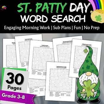 St. Patty St Patrick Day Word Search Puzzle Activities 4th,5th,6th,7th,8th Grade
