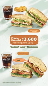 Los precios de nuestro Menú de Especiales de Almuerzos vienen con un 20% off, para que podás disfrutar todo el sabor de sus platillos, pagando menos. ¡Vení y disfrutá el descuento en tu almuerzo favorito! ​🤤 ¡Vení del 06 de marzo al 10 de abril de 2025 y probá nuestros deliciosos sándwich por solo ¢3.600! 😯 | Spoon