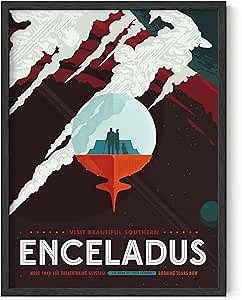 HAUS AND HUES Space Wall Art - Vintage Space Posters, NASA JPL Poster, Vintage NASA Posters for Walls, Exploration Wall Art, Visions of The Future Poster, SciFi Enceladus (Black Frame, 12x16)
