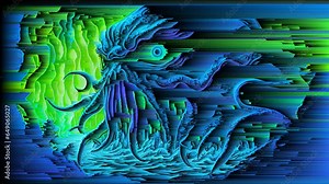 Cthulhu Trippy Blacklight Poster Style VJ Seamless Animation Looping Video Neon Colors Strange Nightmare Gods HP Lovecraft Halloween Monsters Tentacle Sea Kraken Otherworldly Alien Scifi Fantasy