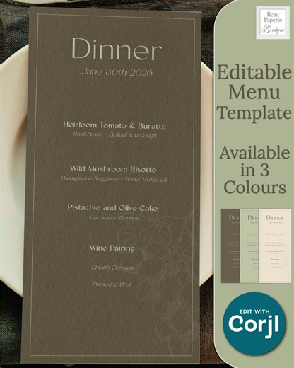 Editable Dinner Party Menu DIY Template Minimalist Printable Customizable Wedding Reception Buffet Carte Custom Table Card - Etsy