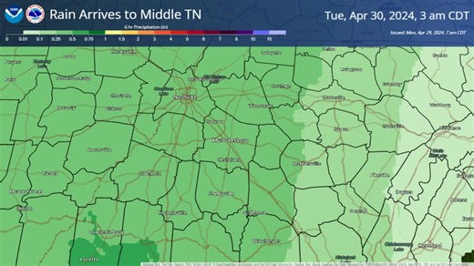 Here's a look at recent guidance on timing of rain today. Showers and thunderstorms move into our W counties late this afternoon then push east through Tuesday. Enjoy the sunshine this morning! | US National Weather Service Nashville Tennessee