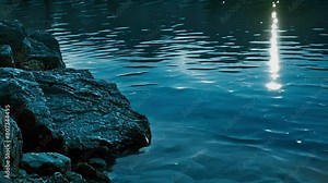 The soothing blue water reflects the moonlight creating a calming and dreamy atmosphere for a tranquil swim. .