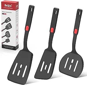 Silicone Spatula Turner Set of 3, Beijiyi 600°F Heat Resistant Rubber Cooking Spatulas for Nonstick Cookware, Large Flexible Kitchen Utensils BPA Free Slotted Spatula for Fish, Pancake, Egg, Burger