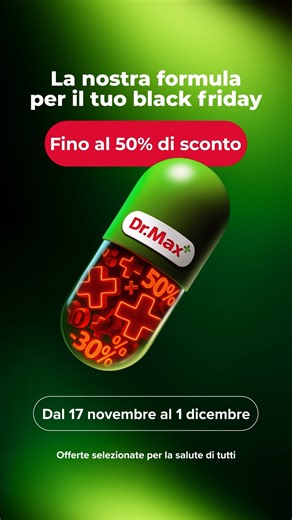 Dal 17 novembre al 1 dicembre approfitta del Black Friday Dr. Max con sconti fino al 50% su tantissimi prodotti di bellezza, integrazione, benessere e igiene, bambino e molto altro. 🛍️ Scopri subito le offerte in farmacia o su https://www.drmax.it/max-fridays | Dr. Max Farmacie Italia