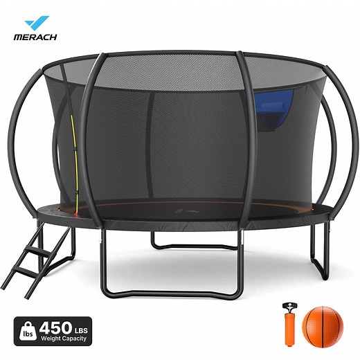 MERACH 14FT Pumpkin Outdoor Trampoline with Safety Enclosure Net, Basketball Hoop & Ladder, Heavy Duty Backyard Trampoline for Kids & Adults