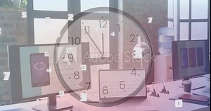 Clock animation over modern office workspace with digital devices and documents