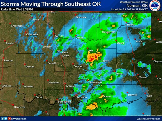 7.6K views · 39 reactions | 9pm Radar Update: Storms continue to move across southeast Oklahoma, dropping moderate to heavy rainfall and lightning. Additional thunderstorms will move through this area later tonight. #okwx | US National Weather Service Norman Oklahoma | Facebook