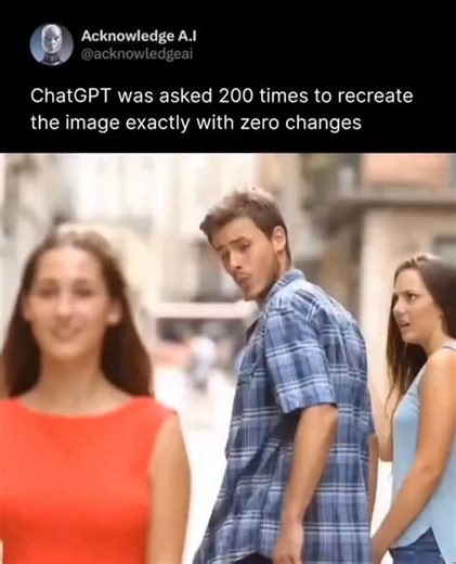 zorancodes on Instagram: "ChatGPT was asked to recreate the same image 200 times using an identical, strict prompt with no changes allowed. The goal was to test how consistently an AI can follow instructions without drifting. Despite the repeated command, small differences began to appear over time... subtle shifts in details, proportions, and textures that revealed the model was interpreting the image rather than perfectly copying it. The experiment exposes a key limitation of generative AI: tr