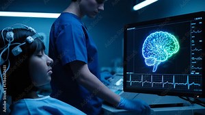 Child undergoing brain monitoring with technician. EEG electrode records neural activity on medical monitor. Hospital healthcare staff review neuro data. Calm clinical setting supports patient safety.