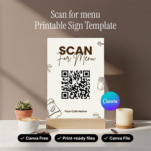 Scan for Menu QR Code Sign Printable for Cafe Coffee Shop Canva Template - Etsy