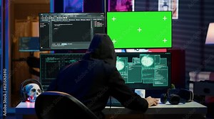 Rogue programmer using green screen PC to hack firewalls, getting attacks rejected by cybersecurity. Scammer using mockup monitor seeing access denied error message while committing fraud, camera A