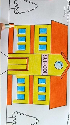 School Drawing 🏫 / School Scenery Drawing Easy Steps #ytshorts #shorts #viralshorts