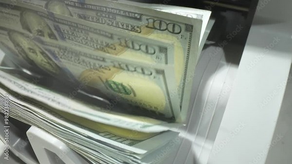 Money counting. Close up currency counting machine counting dollar bills. Machine counter calculates 100 dollars banknotes in slow motion. Closeup currency count machine counting dollar banknotes. Stock-video