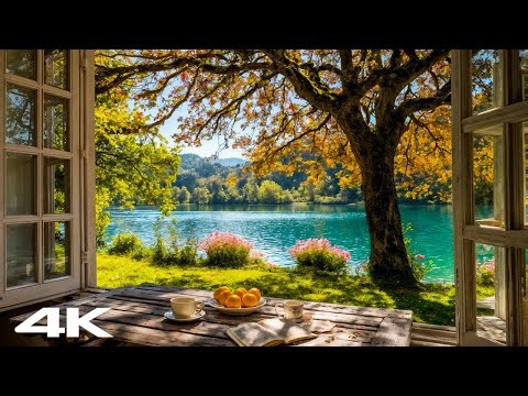 A Window into Spring | Serene Lakeside & Relaxing Piano Music – 4K Ambience
