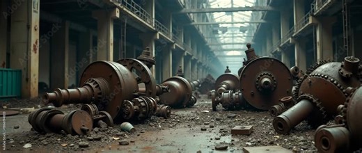 Abandoned factory with rusted machinery slowly gathers dust as camera pans through the industrial ruins, creating a cinematic atmosphere with ambient light flickering through broken windows.