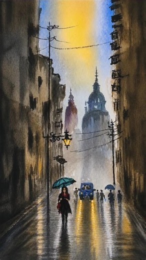 Rainy Day Watercolor Painting Cityscape #art #painting