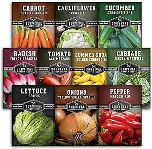 Vegetable Seeds for Planting 10 Variety Pack – Heirloom Garden Seed Packs to Grow Tomato, Lettuce, Onion, Cucumber, Squash & Other Vegetables – Non-GMO Family Garden Kit – Survival Garden Seeds
