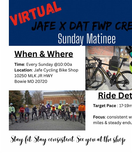 🔥 “Sunday Matinee” (VIRTUAL RIDE) 🔥 Weather won’t stop the work! Due to potential inclement conditions, we’re bringing the ride inside this Sunday for our FIRST Virtual Group Ride. We’re opening the shop for 6 lucky riders to train alongside me in person as we officially launch winter training mode. This is all about consistency, community, and setting the tone for a strong season ahead. ✅ RSVP on Strava to secure your spot ✅ Download Zwift using the event link Let’s turn winter miles into sum