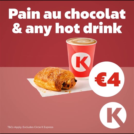 125K views · 27 reactions | Warm, buttery, and filled with chocolate – grab your €4 pain au chocolat and hot drink at Circle K today! | Circle K Ireland | Facebook
