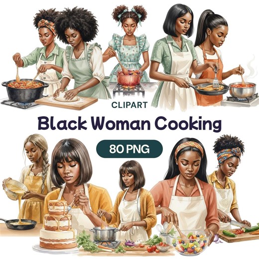 Black Woman Cooking Clipart, 80 African American Kitchen PNG, Baking Mom Graphics, Soul Food Art, Meal Prep Illustration, Home Chef Set - Etsy