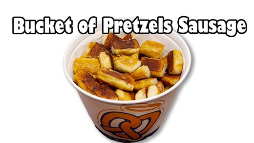A big bucket of Auntie Anne's pretzels with cheese sausage