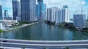 Downtown Miami Florida United States. Aerial view of scenic buildings and traffic at landmark avenues. Miami Florida. Miami United States. Travel destination. Vacation travel.