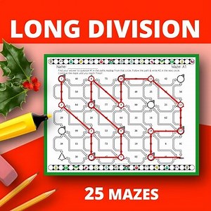 Christmas Math Long Division Practice Maze Activity (25 Mazes!)