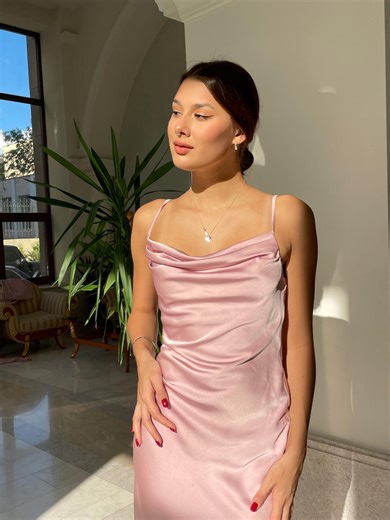 Satin Bridesmaid Dress Slip Wedding Guest Dress Minimalist Bridal Party Dress Pink Cowl Neck Dress With Slit Elegant Bridesmaid Outfit - Etsy