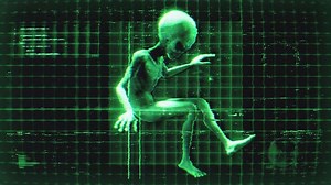 Distorted Alien Hologram Scan with Glitch Effect and Data Overlay