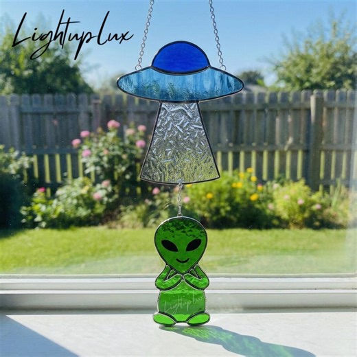 Alien Stained Glass Suncatcher, Handmade Space Alien Window Hanging, Flying Saucer Art Glass Decor Gift for Sci-fi Lovers Cosmic Home Decor - Etsy