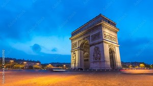 Paris France time lapse 4K, city skyline night to day timelapse at Arc de Triomphe and Champs Elysees