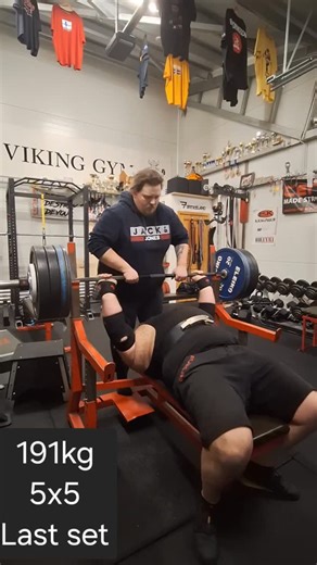 Sigfus Fossdal on Instagram: "191 kg 5x5. Last set took some toll but quite happy with it. Why the extra 1 kilo? Just for fun, it's 1 kg more then my biggest 5x5 since shoulder surgery's. Aiming to catch my all time of 5x5 soon with 200+. @cerberus_strength code BESTRONG @leanbodyiceland code BESTRONG @bestrongiceland #teamcerberus #wornbutnotwornout #benchpress #cerberusstrength #vikinggym"