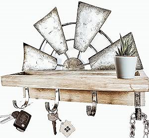 RootyHeart Windmill Key Holder Wall Mount, Decorative Wall Mounted Key and Mail Rack with Shelf, Farmhouse Wall Decor, 4 Rustic Hooks for Coats & Keys, Gray Western Key Holder
