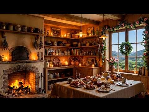 Cozy Spring Kitchen Ambience 🔥 Relaxing Jazz Instrumental Music & Crackling Fireplace for Healing