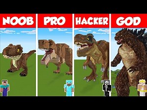 Minecraft T-REX vs GODZILLA STATUE HOUSE BUILD CHALLENGE - NOOB vs PRO vs HACKER vs GOD / Animation