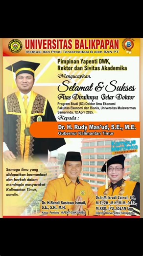 Universitas Balikpapan | Pimpinan Yapenti DWK Uniba, Rektor, dan Civitas Akademika Unibersitas Balikpapan mengucapkan selamat dan sukses kepada Bapak Dr. H. Rudy... | Instagram