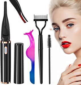 4 in 1 Heated Eyelash Curlers Kit, Electric Lash Curler with Eyelash Separator & Tweezer & Comb, USB Rechargeable 3 Modes Portable Heating Eyelash Curler Natural Long Lasting Eye Makeup Tool for Women