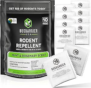 BugBarrier's Extra-Strength Mouse Repellent Deterrent Pouches, USDA 99% Biobased, Peppermint & Rosemary Oils Repel Mice Nesting in Car, RV, Boat, Garage, Shed, Cabin Made in The USA (Pack of 10)