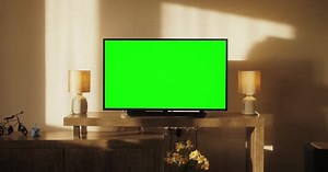 Tv with Green Screen Closeup Chroma Key on Tv Set in Modern Living Room