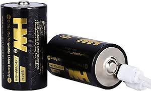 HW Rechargeable D Cell Batteries, Lithium D Battery with 2 in 1USB-C Cable Fast Charger, 2 Pack 7500mWh D, Over 1000 Cycles, Long Lasting Size D Batteries for Flashlight, Camping Light