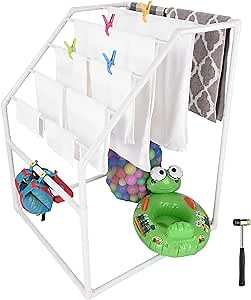 Yescom Pool Towel Rack Outdoor Free Standing Poolside PVC Storage Holder Heavy Duty 7 Bar 4 Lockable Wheels for Outside Floats Dryer Clothes Laundry Organizer,4 Clips,1 Hammer Beach Swimming Black Net