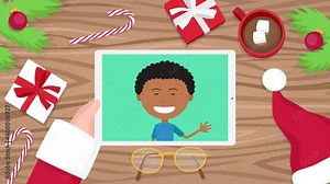 4k video animation of Santa Claus holding tablet and having conversation with young boy who talks about gifts that he would like to get at christmas.