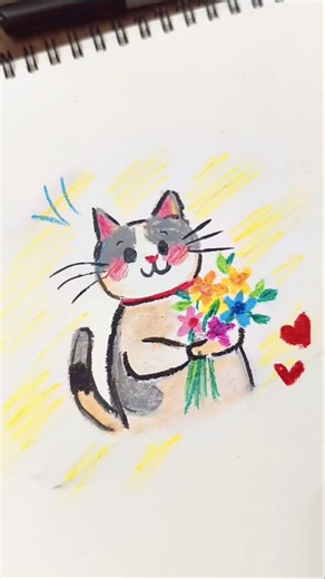 cute cat drawing 😽🌸 #cat #catart #catdrawing #oilpastel #pinterest #cute #doodle #doodleart #flower