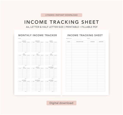Monthly Income Tracking Sheet Printable & Fillable PDF | Income Log | Small Business Finance Planner - Etsy